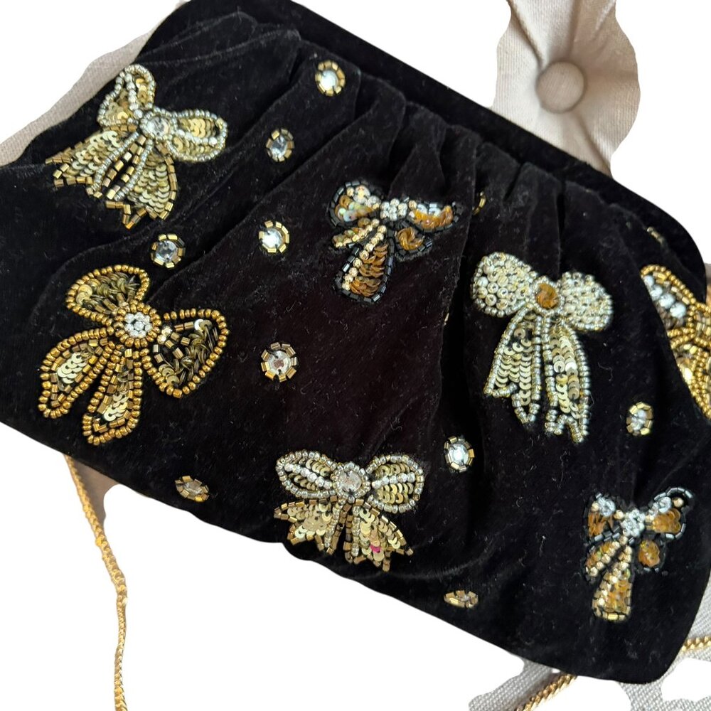 From India to You Raven Velvet w/Gold Bow Potli Clutch w/crossbody strap